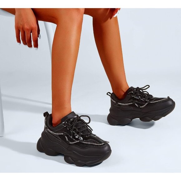 Women's 90s Chunky Sneakers Rope Platform Casual Thick Rave Walking Shoes Black - Picture 7 of 9